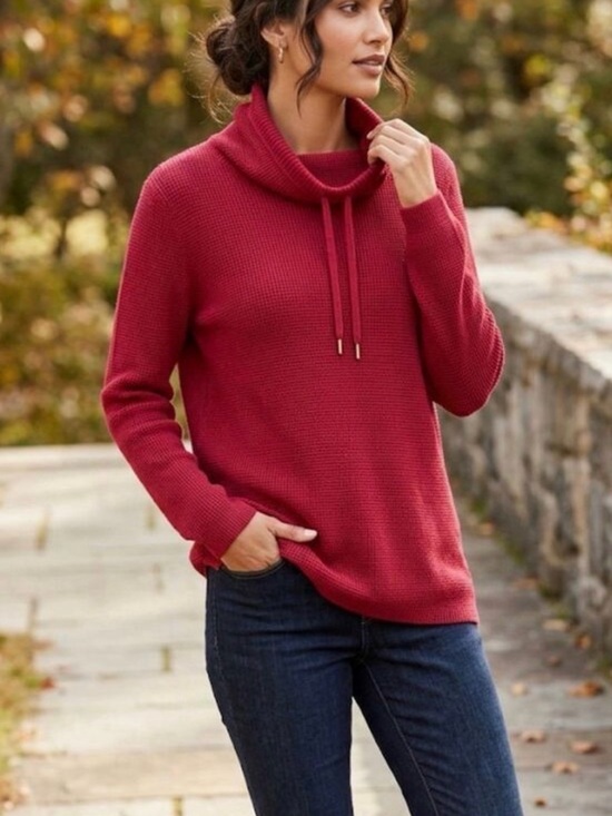Ralph Lauren Sweaters - Lauren Ralph Red Waffle Knit Cowl Neck Drawstring Sweater 1X